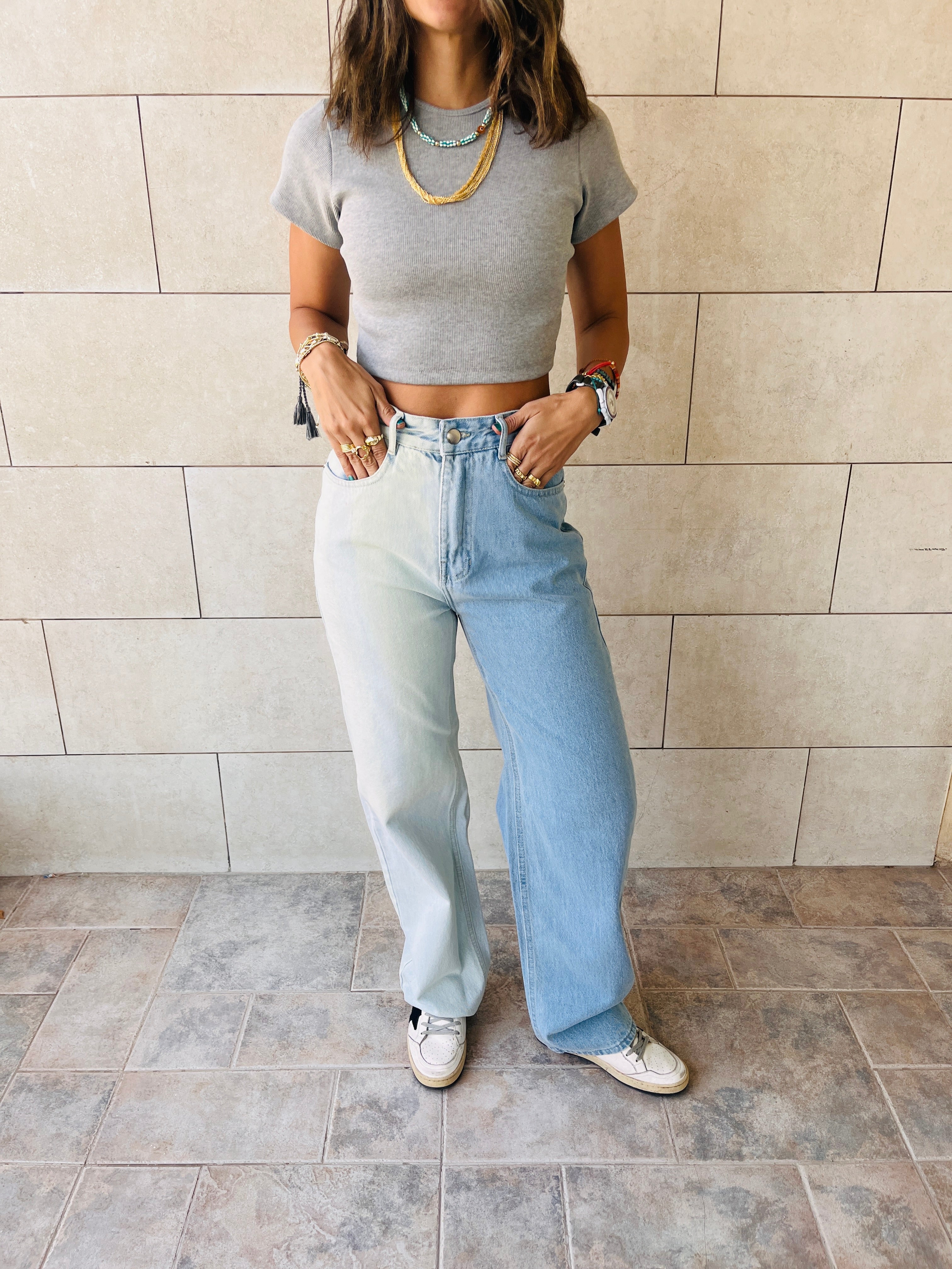 Grey & White & Orange Cropped Essential Tee