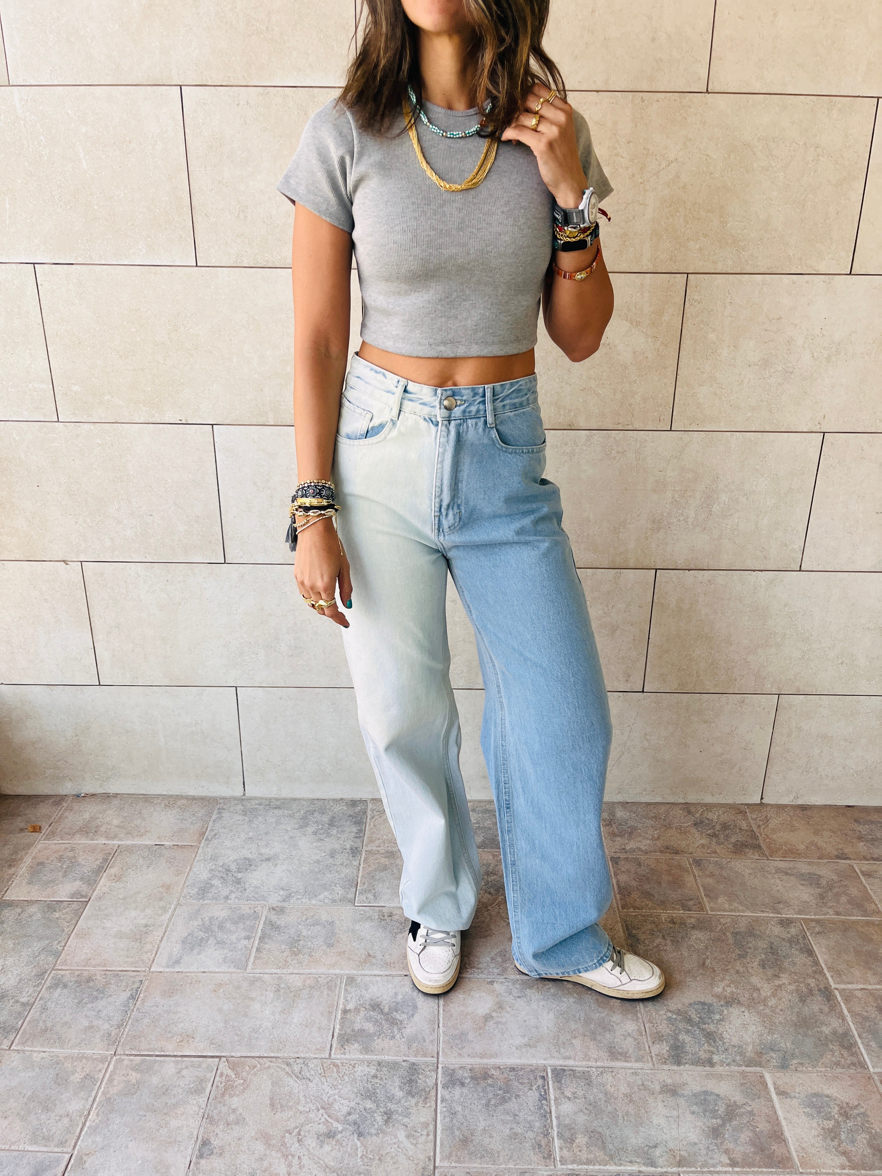 Grey & White & Orange Cropped Essential Tee