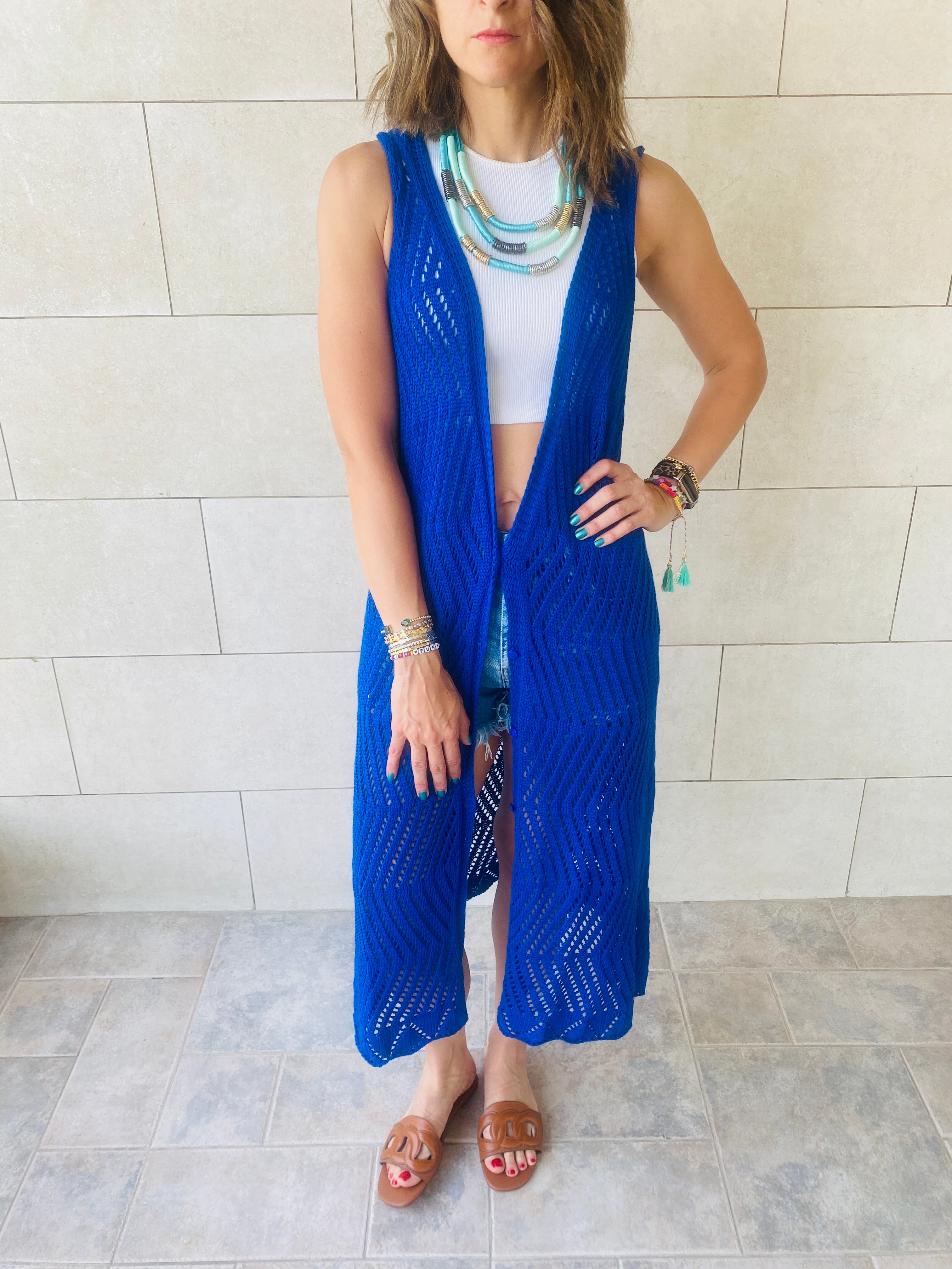 Blue Crochet Longline Vest