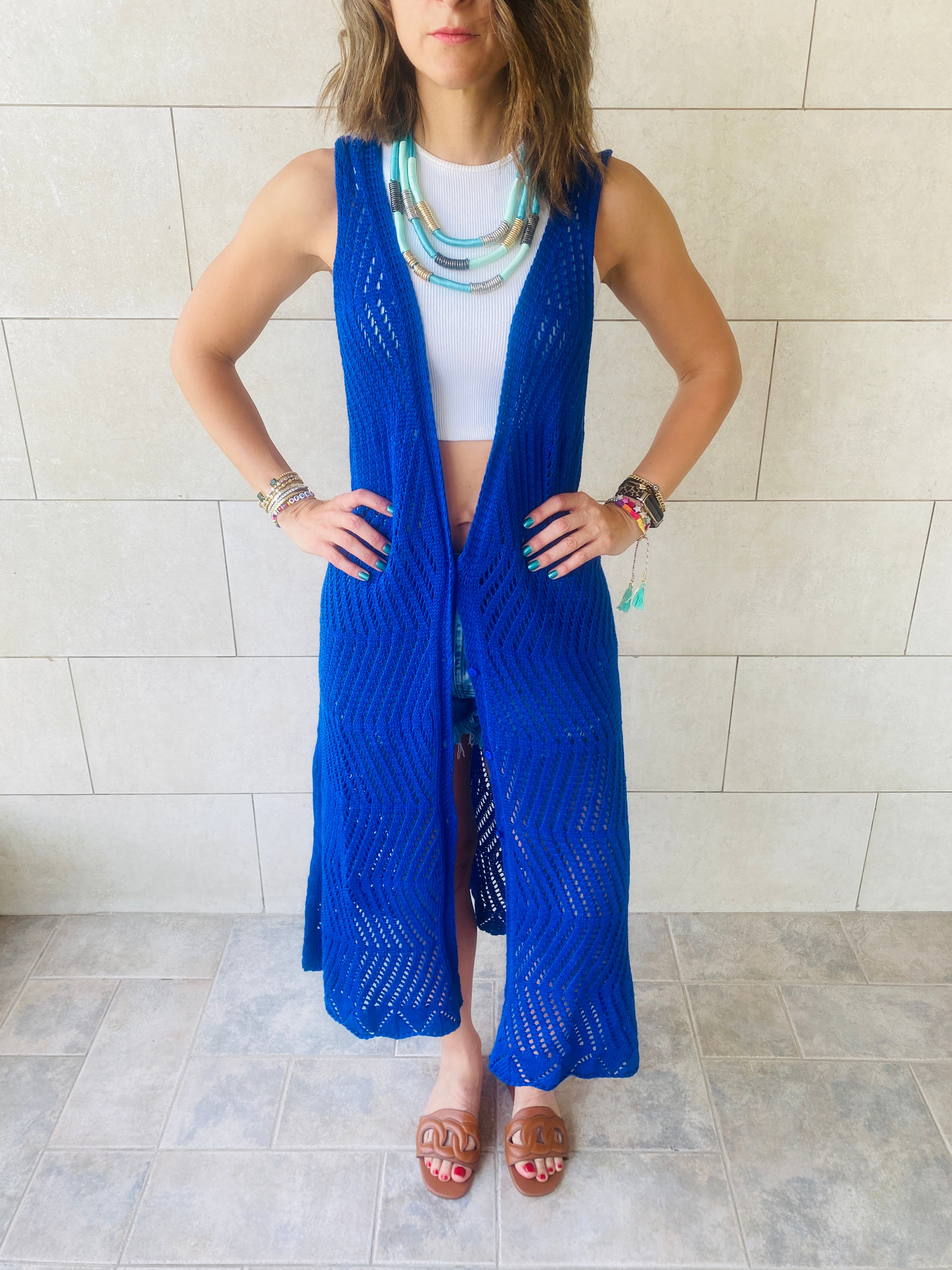 Blue Crochet Longline Vest