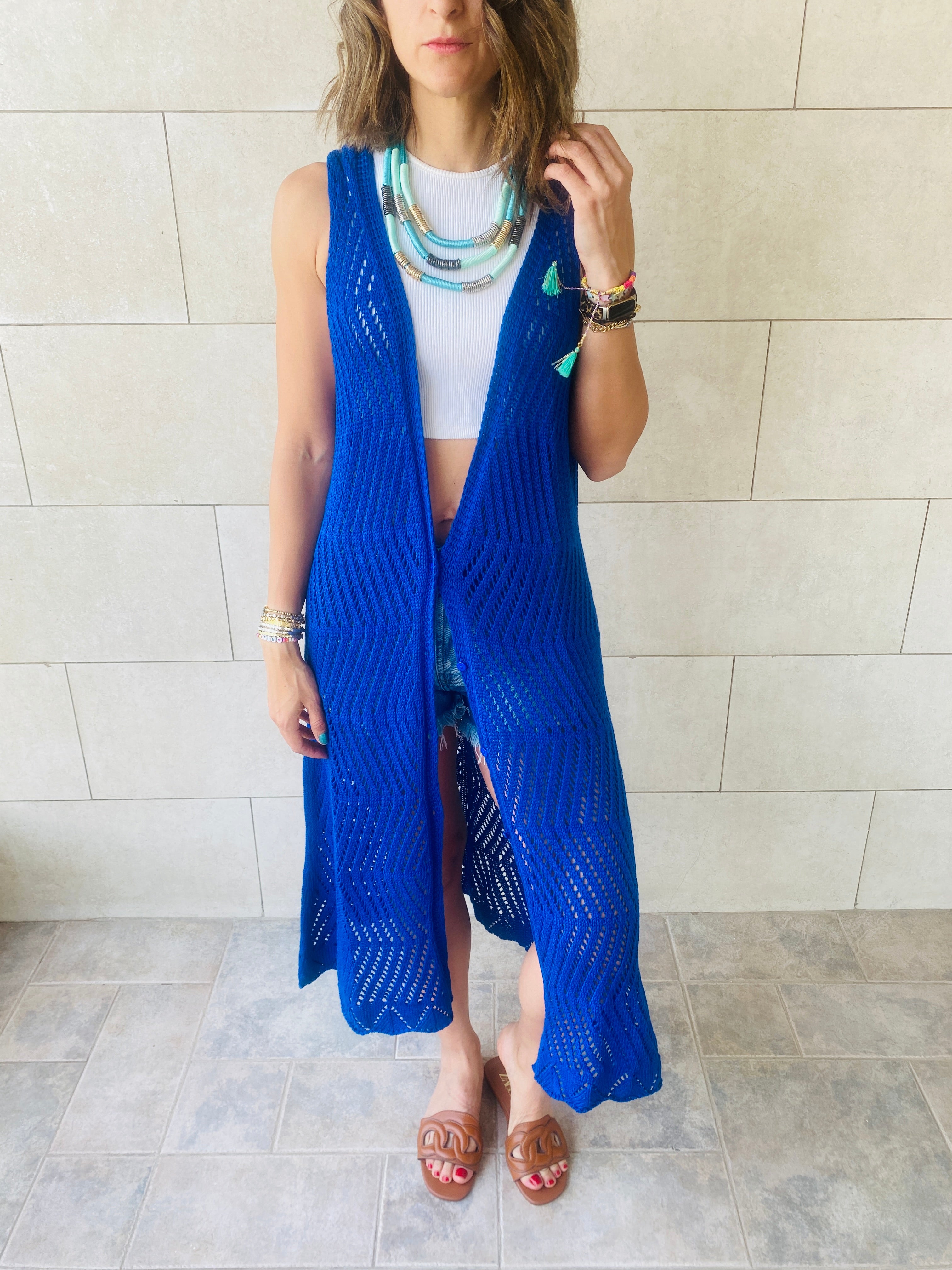 Blue Crochet Longline Vest