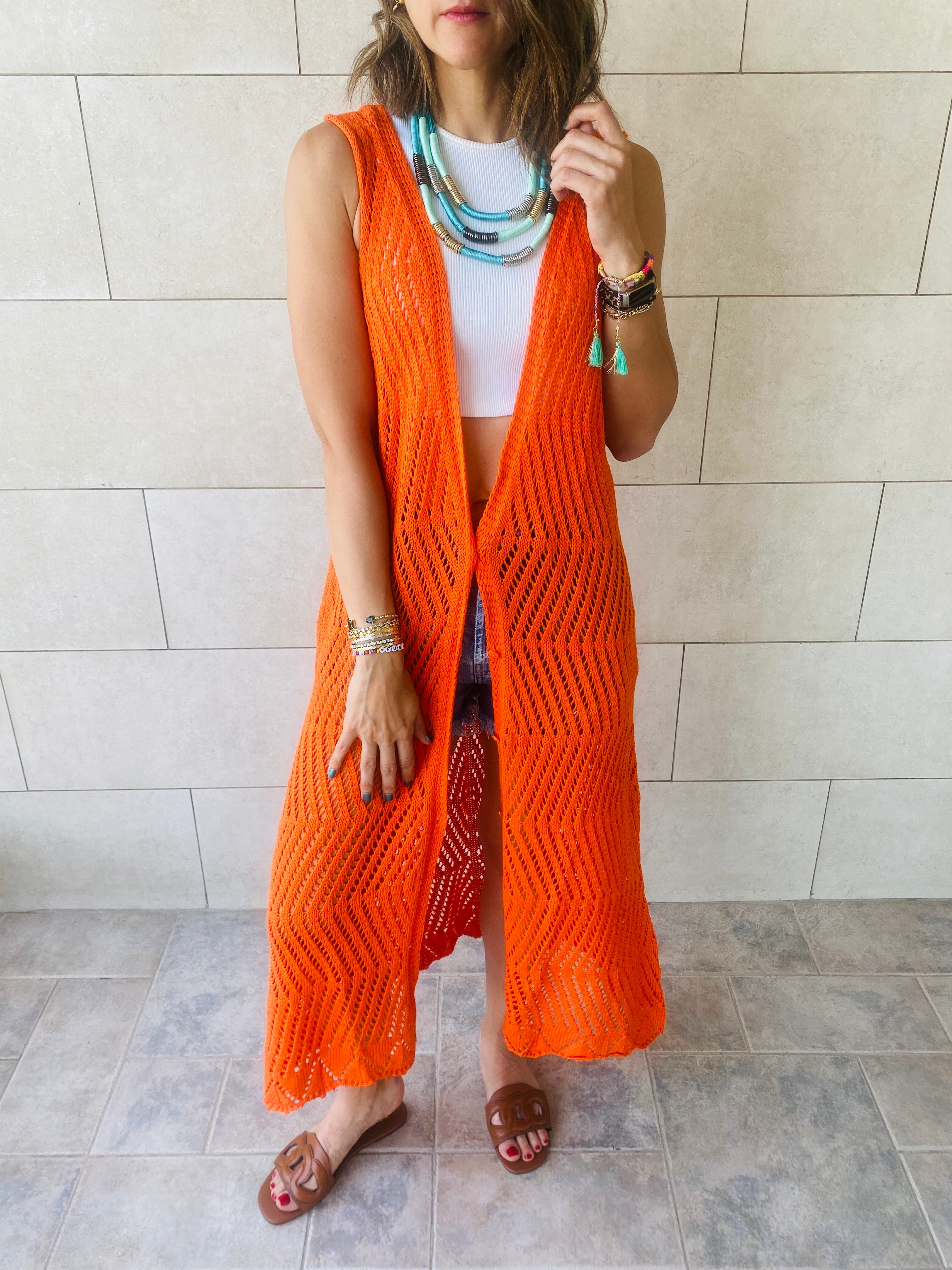 Orange Crochet Longline Vest