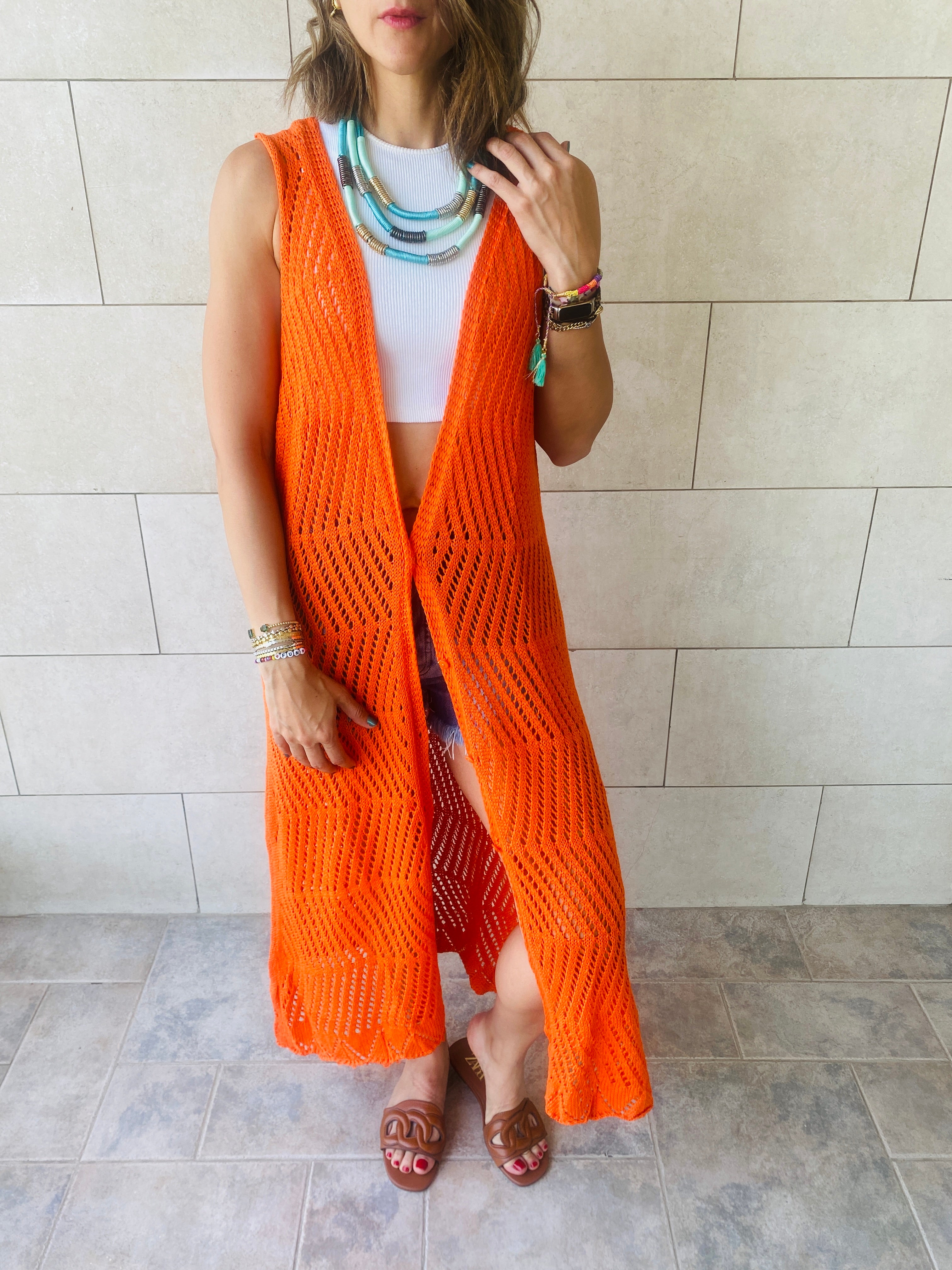 Orange Crochet Longline Vest