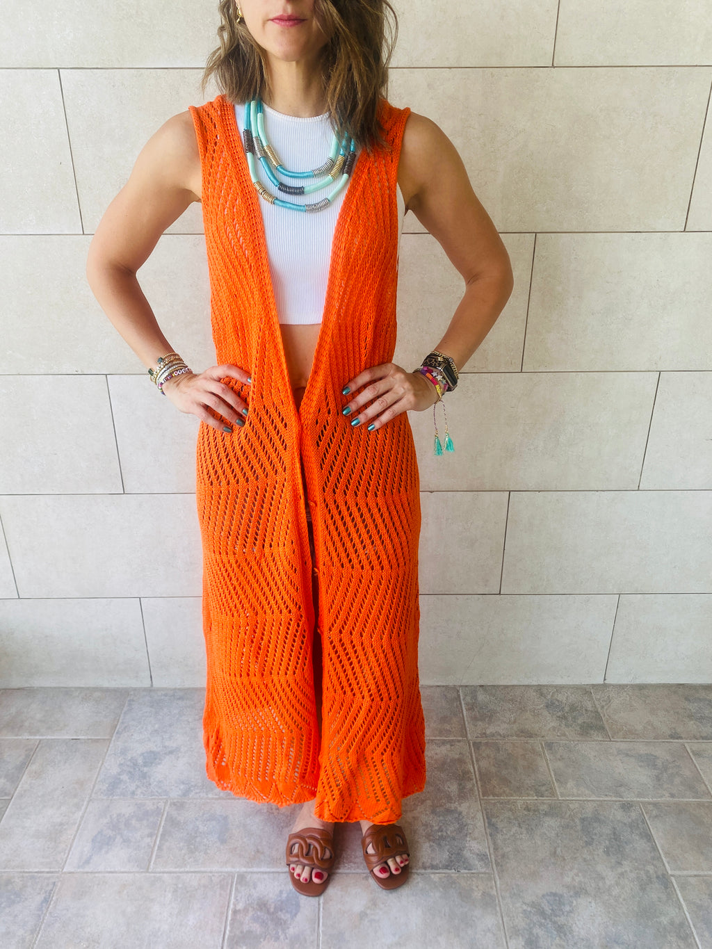 Orange Crochet Longline Vest