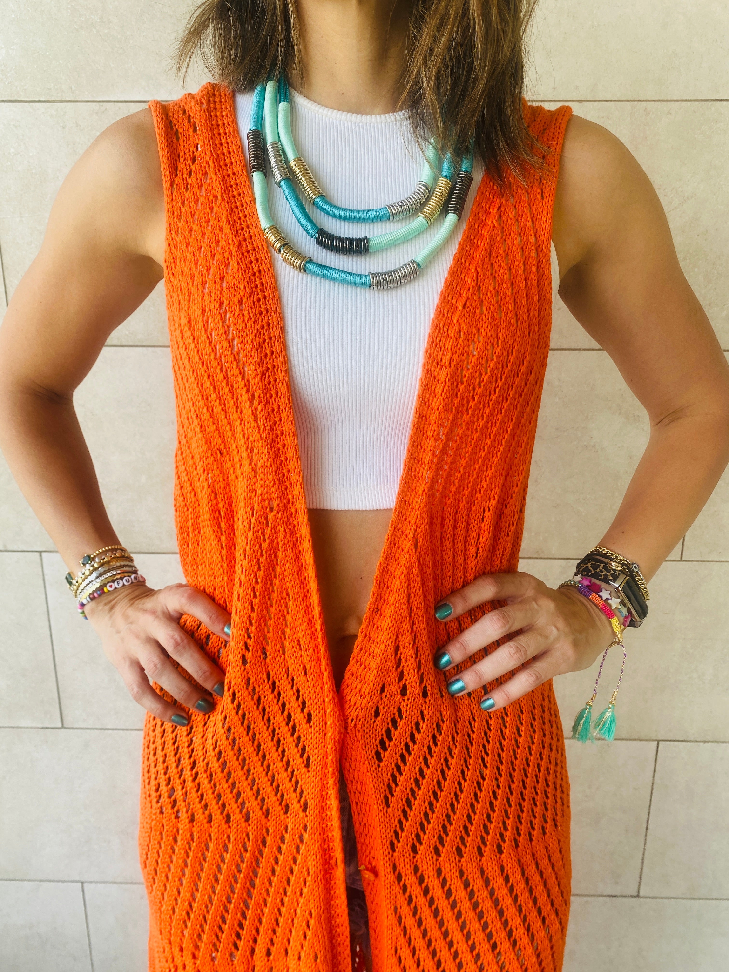 Orange Crochet Longline Vest