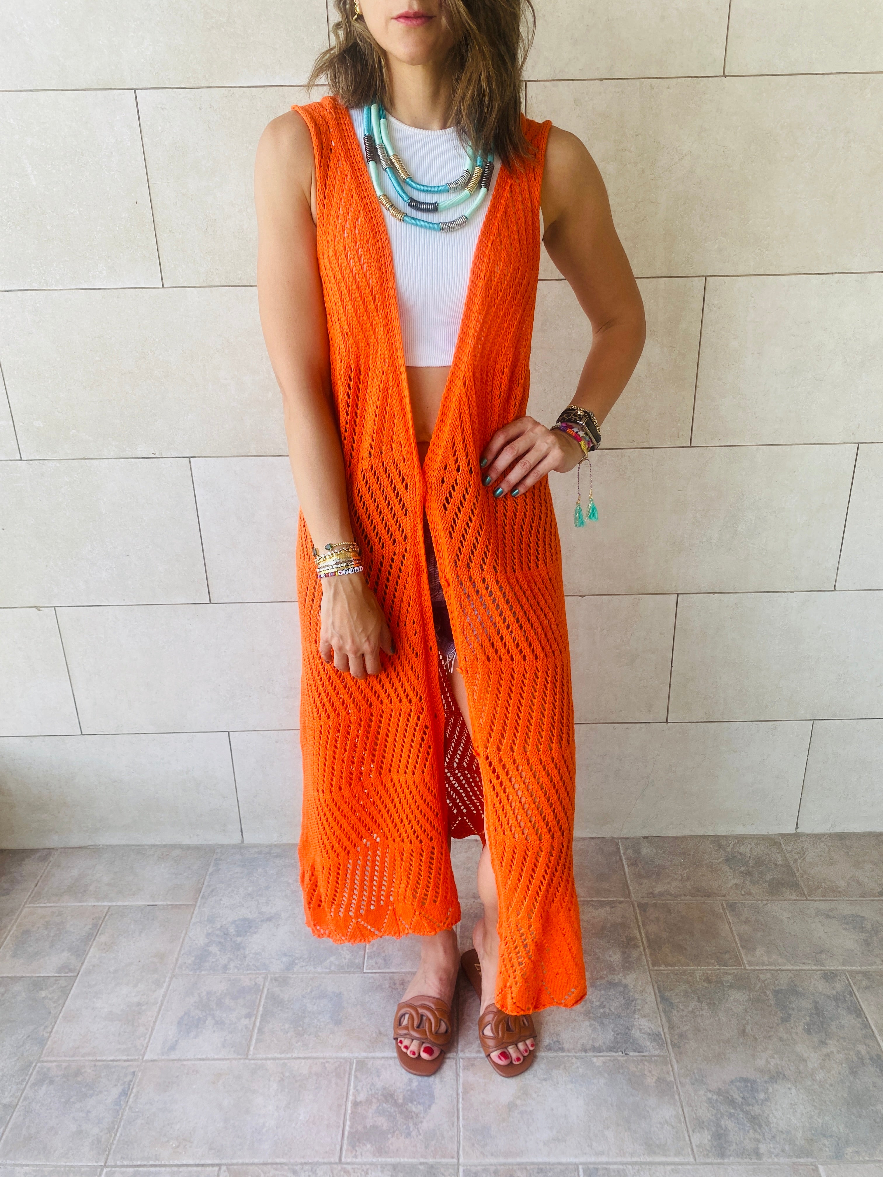Orange Crochet Longline Vest