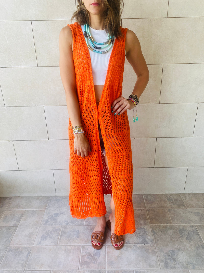 Orange Crochet Longline Vest
