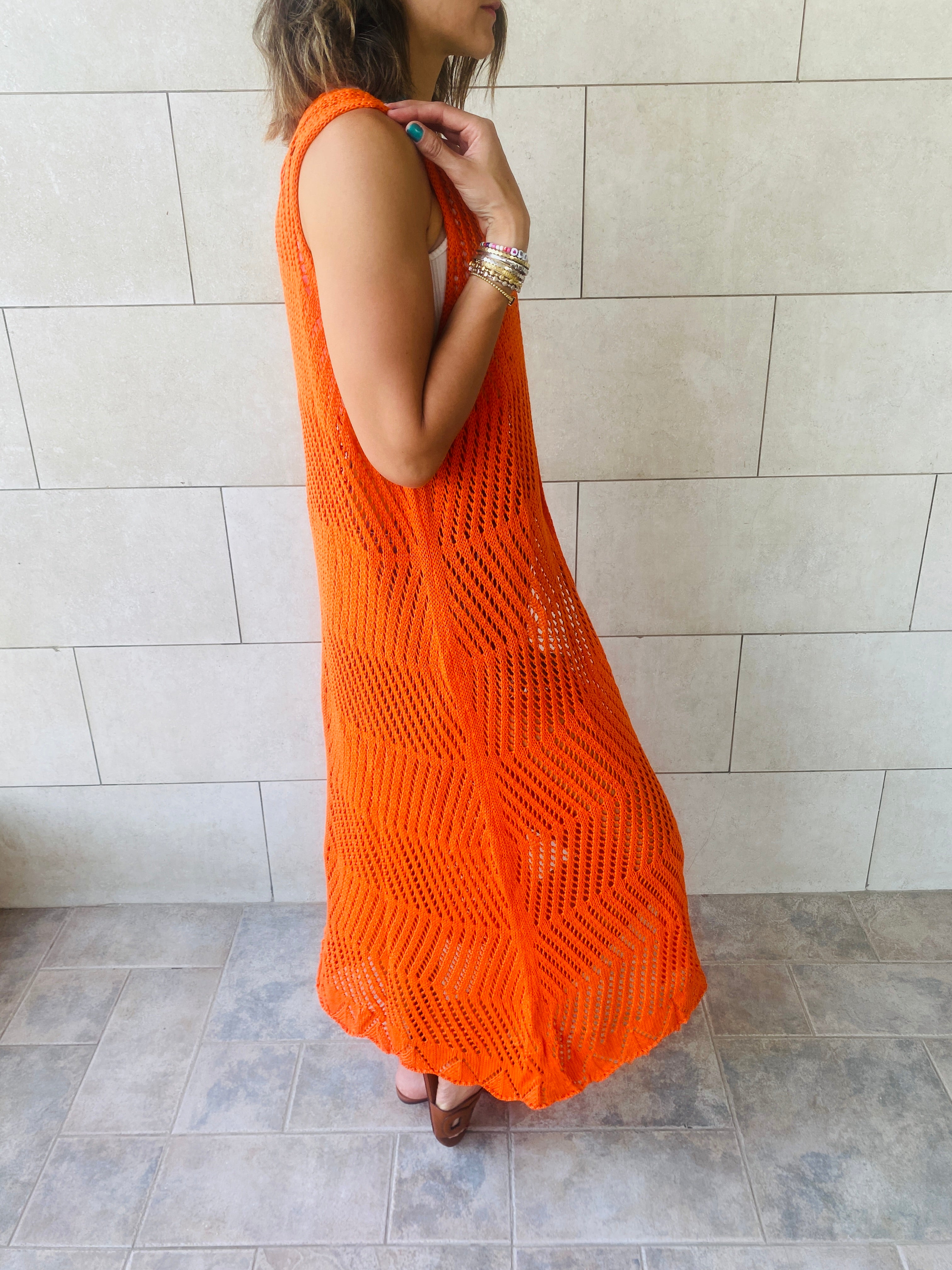 Orange Crochet Longline Vest