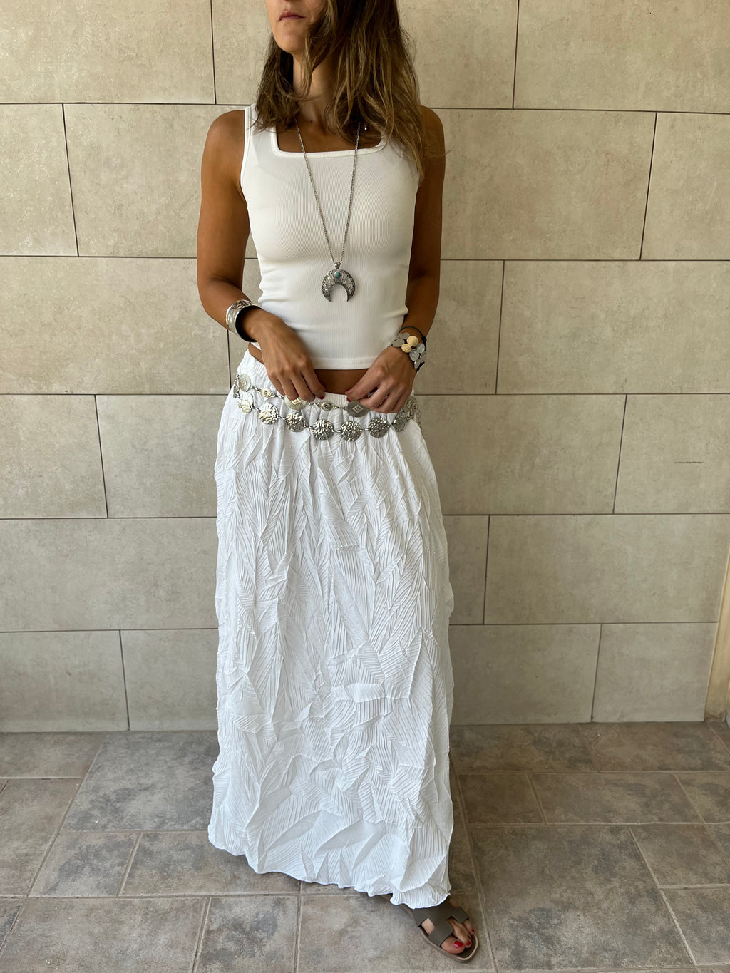 White Crinkled Bohemian Skirt