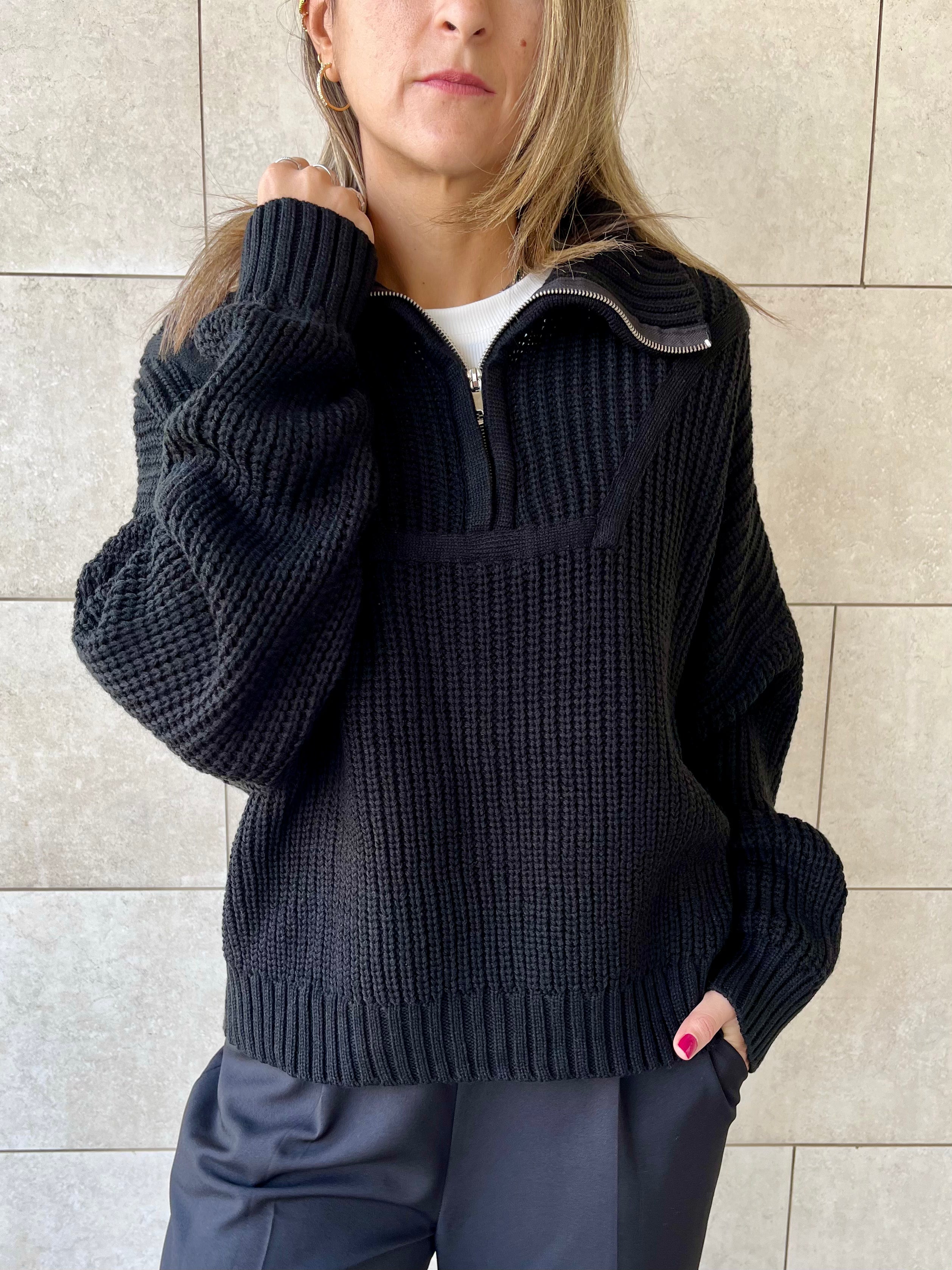 Black Quarter Zip Up Knit