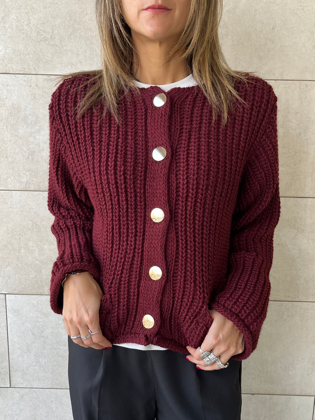 Burgundy Golden Button Cardigan