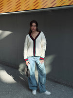 Burgundy Preppy Striped Trim Cardigan