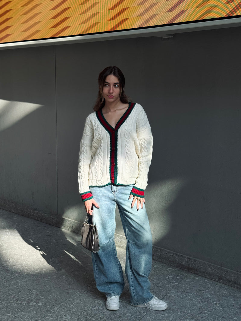 Burgundy Preppy Striped Trim Cardigan
