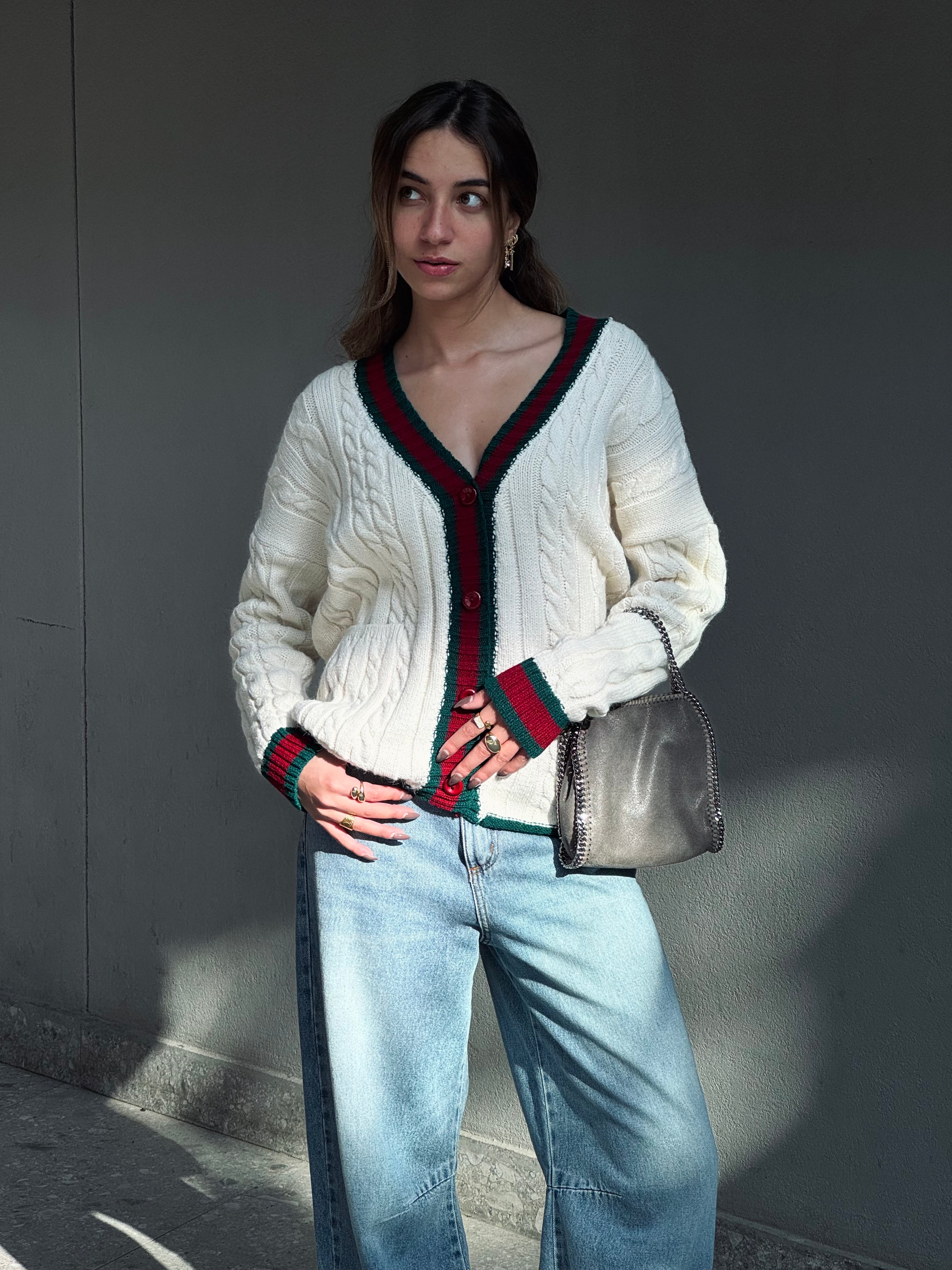 Burgundy Preppy Striped Trim Cardigan