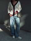 Burgundy Preppy Striped Trim Cardigan