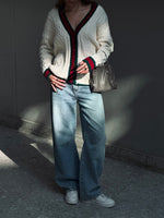 Burgundy Preppy Striped Trim Cardigan