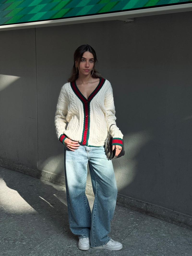Burgundy Preppy Striped Trim Cardigan