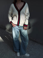 Burgundy Preppy Striped Trim Cardigan