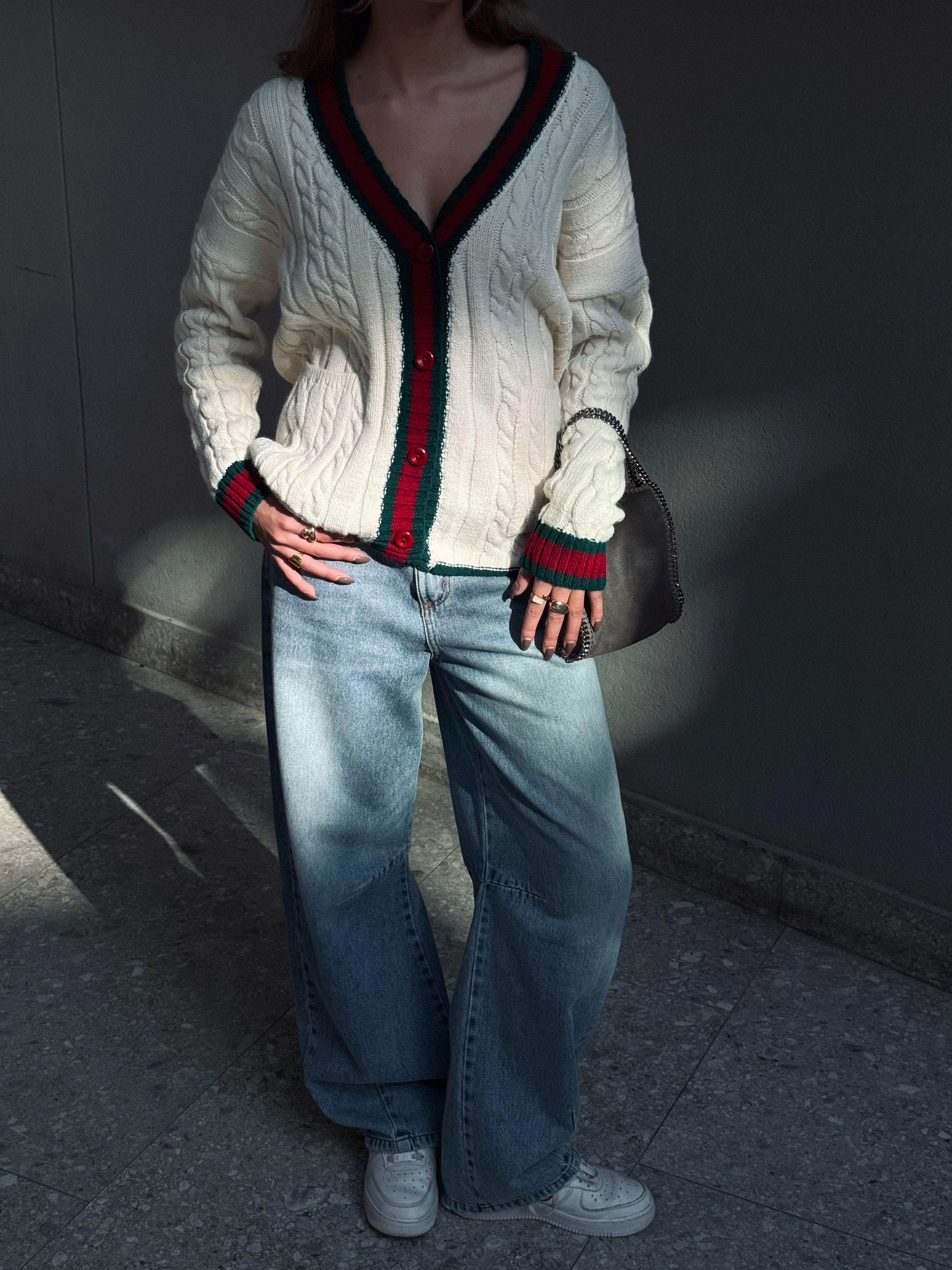 Burgundy Preppy Striped Trim Cardigan