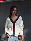 Burgundy Preppy Striped Trim Cardigan