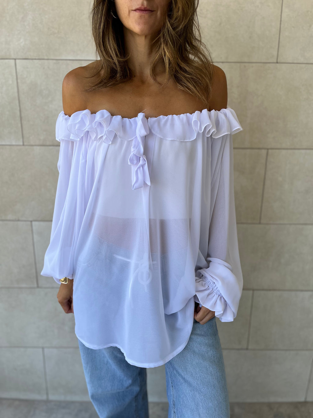 White Sheer Ruffle Top