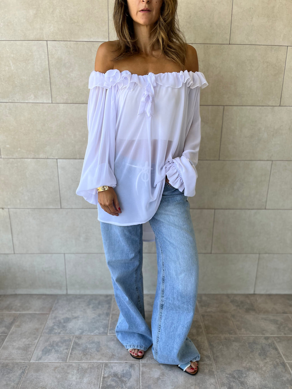 White Sheer Ruffle Top