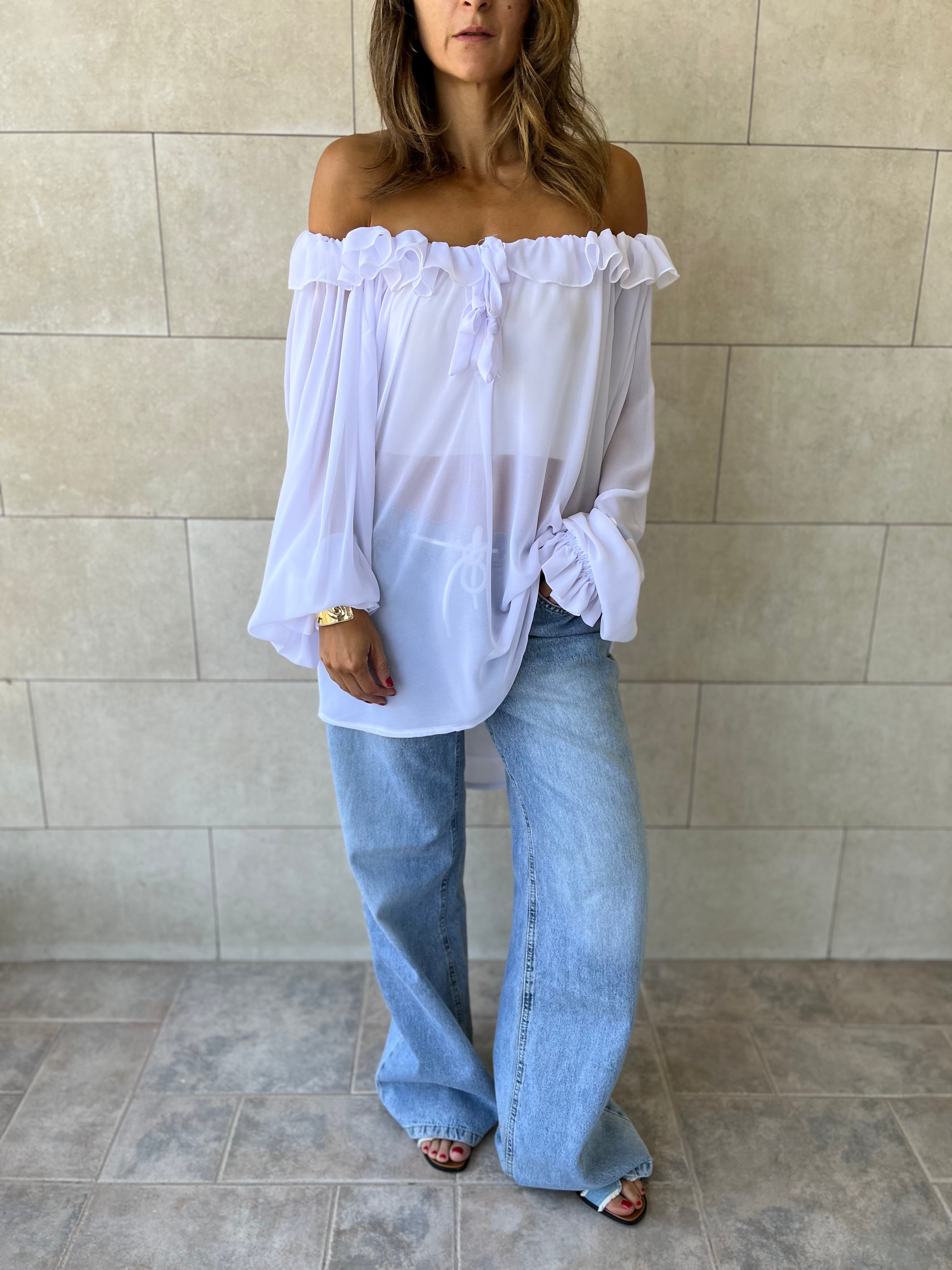 White Sheer Ruffle Top