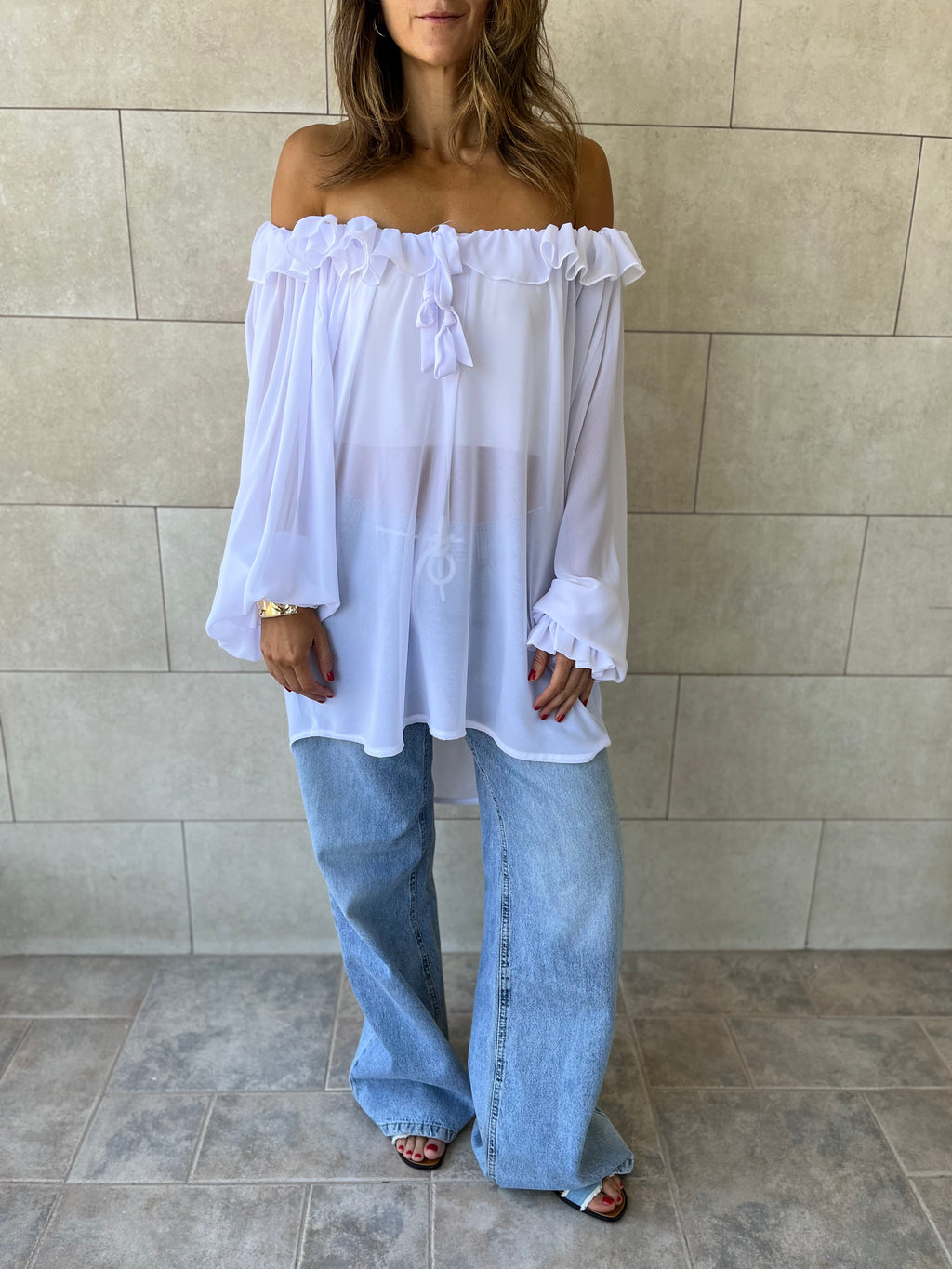 White Sheer Ruffle Top