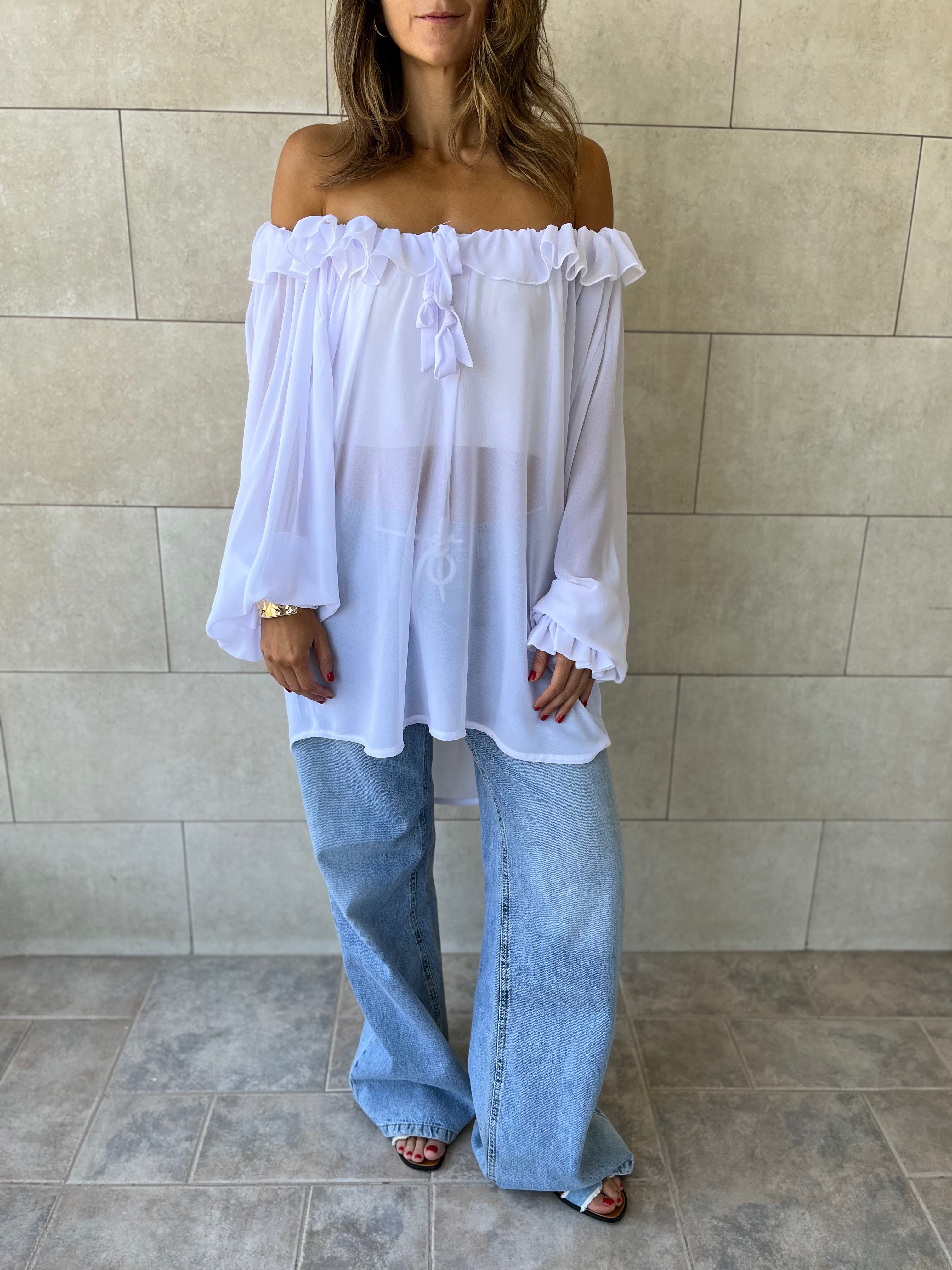 White Sheer Ruffle Top