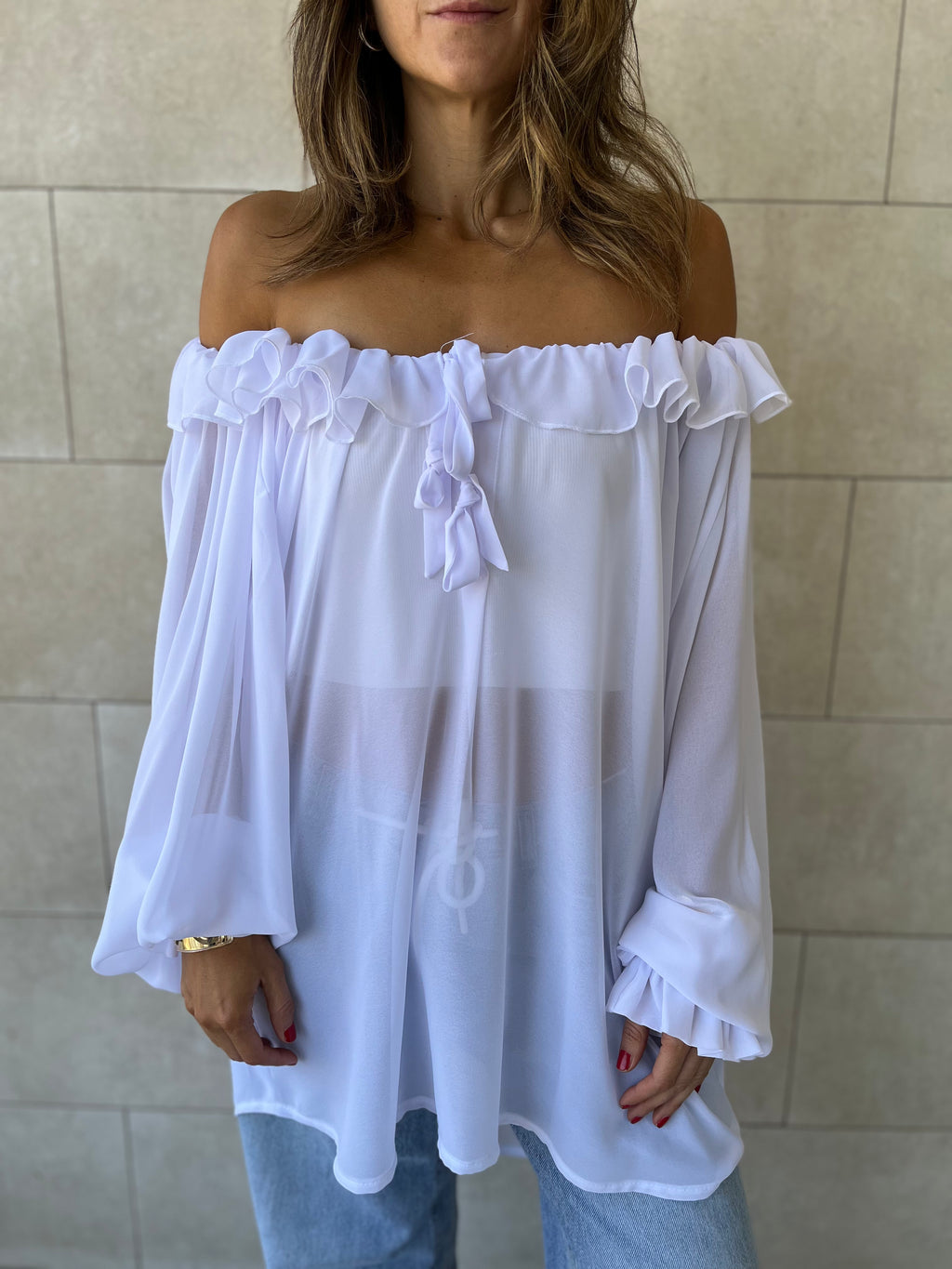 White Sheer Ruffle Top