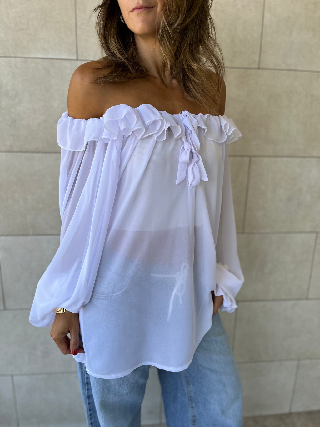 White Sheer Ruffle Top