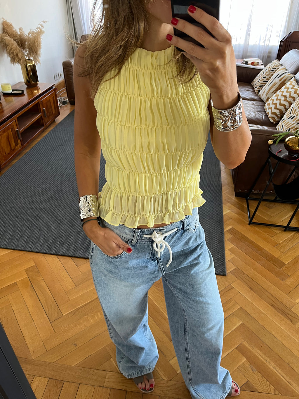Butter Yellow Sleeveless Crinkle Top