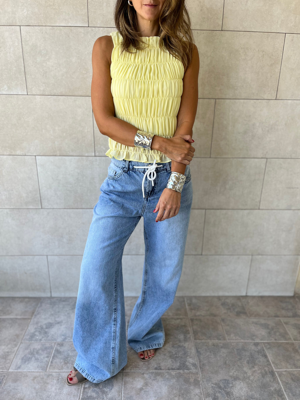 Butter Yellow Sleeveless Crinkle Top