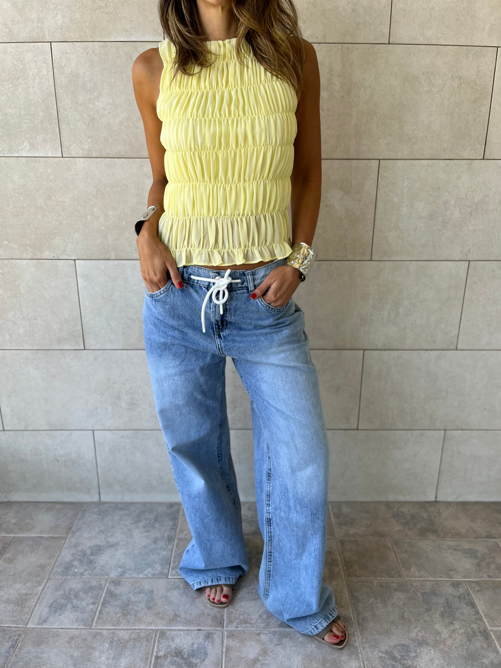 Butter Yellow Sleeveless Crinkle Top