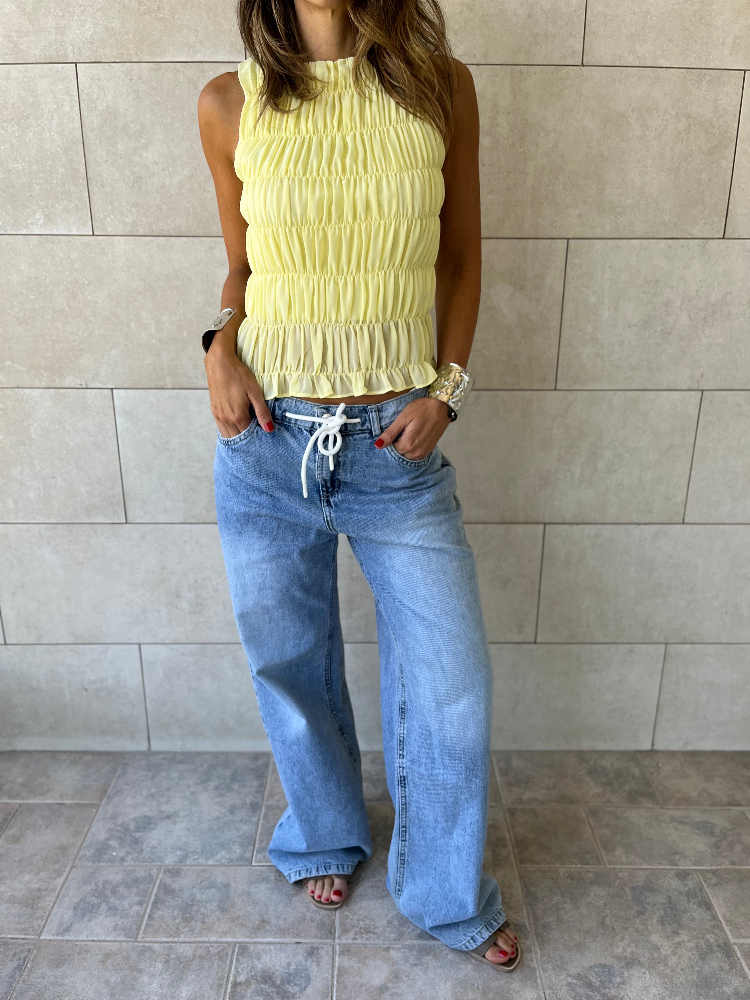 Butter Yellow Sleeveless Crinkle Top
