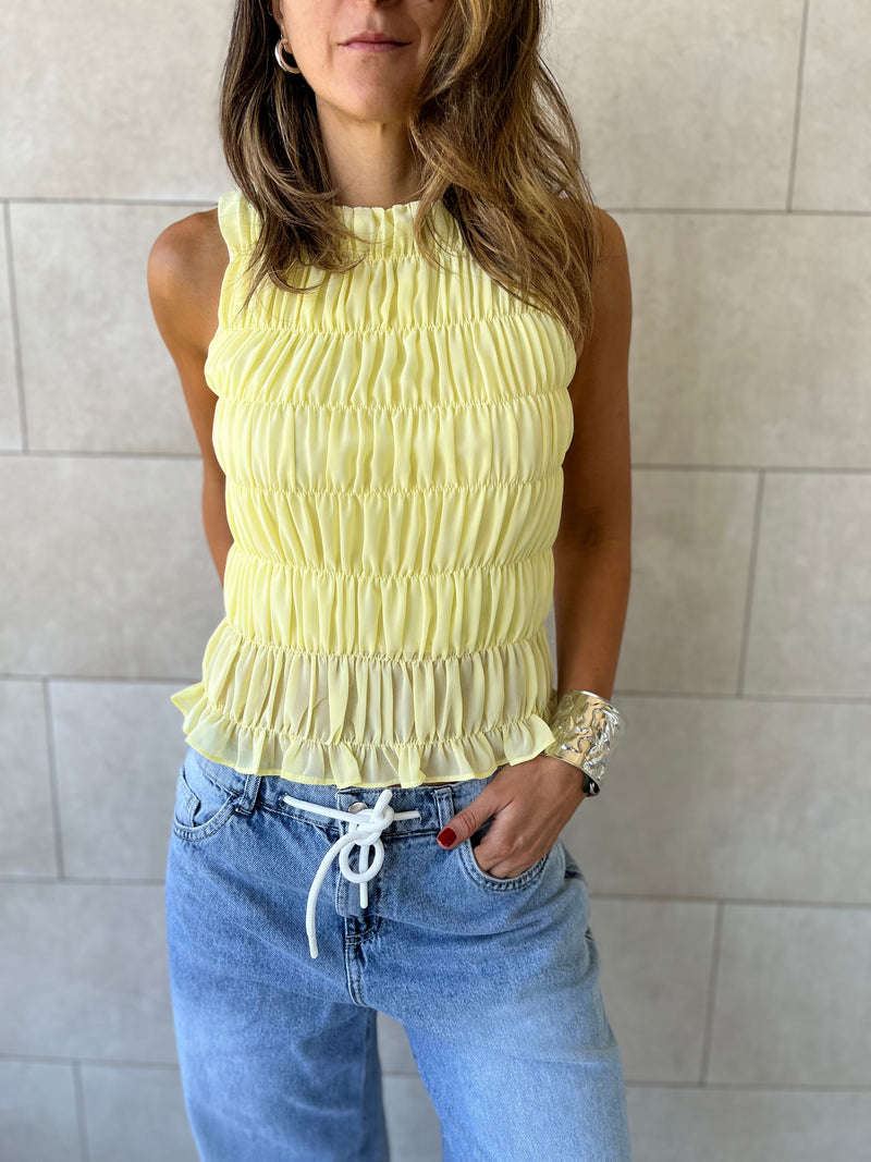 Butter Yellow Sleeveless Crinkle Top