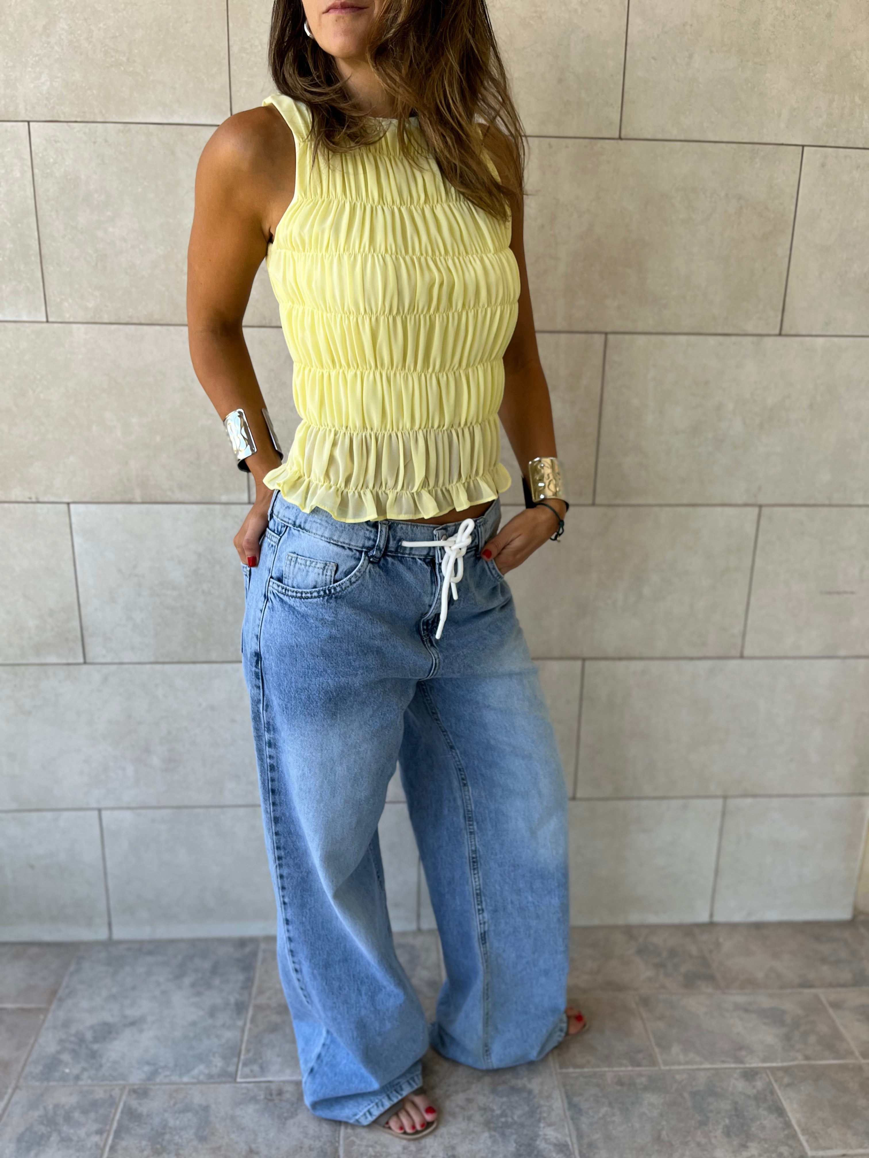 Butter Yellow Sleeveless Crinkle Top