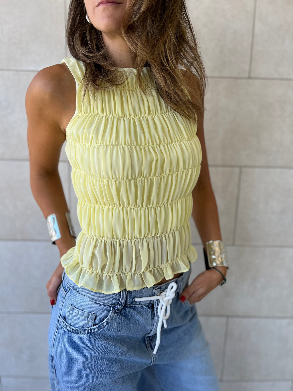 Butter Yellow Sleeveless Crinkle Top