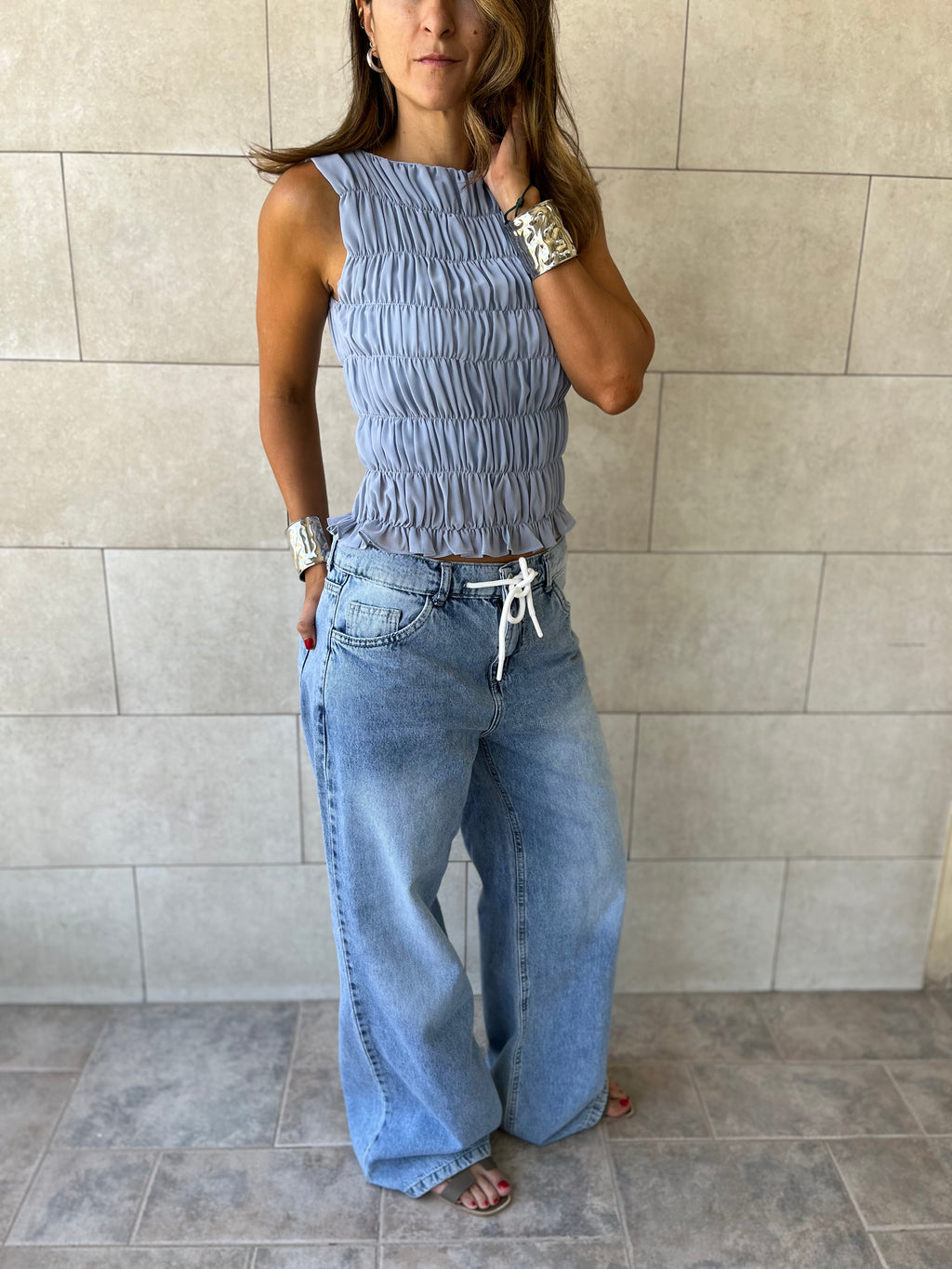 Blue Hue Sleeveless Crinkle Top