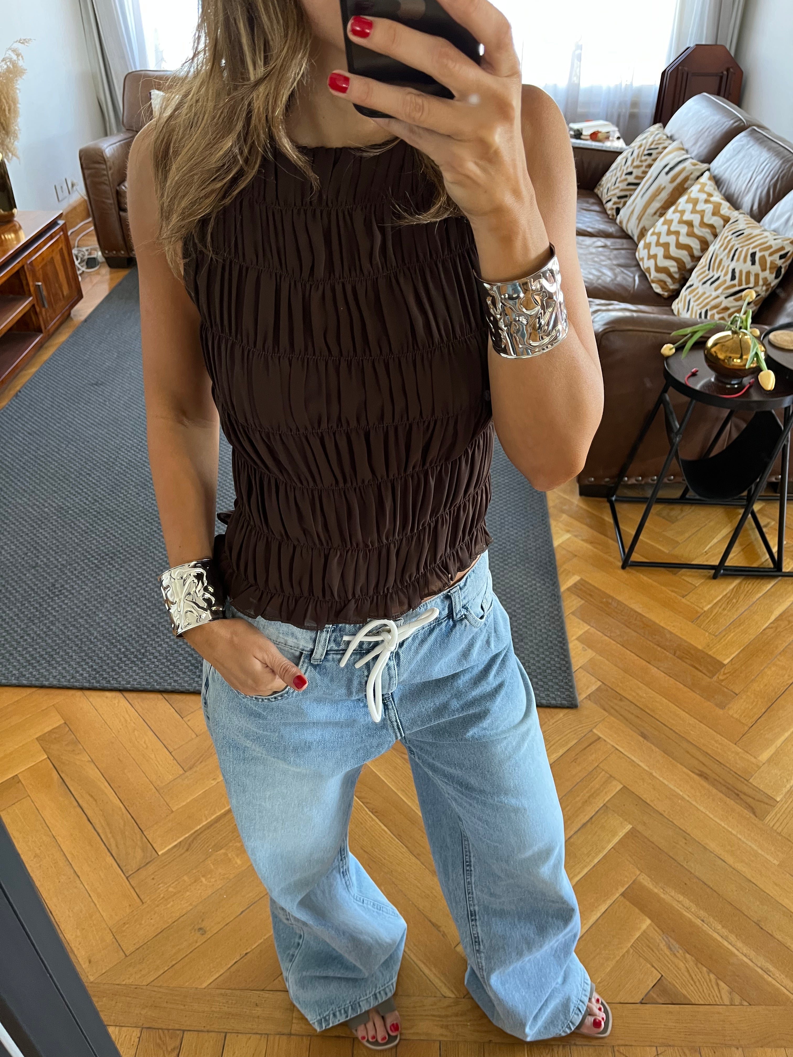 Chocolate Brown Sleeveless Crinkle Top