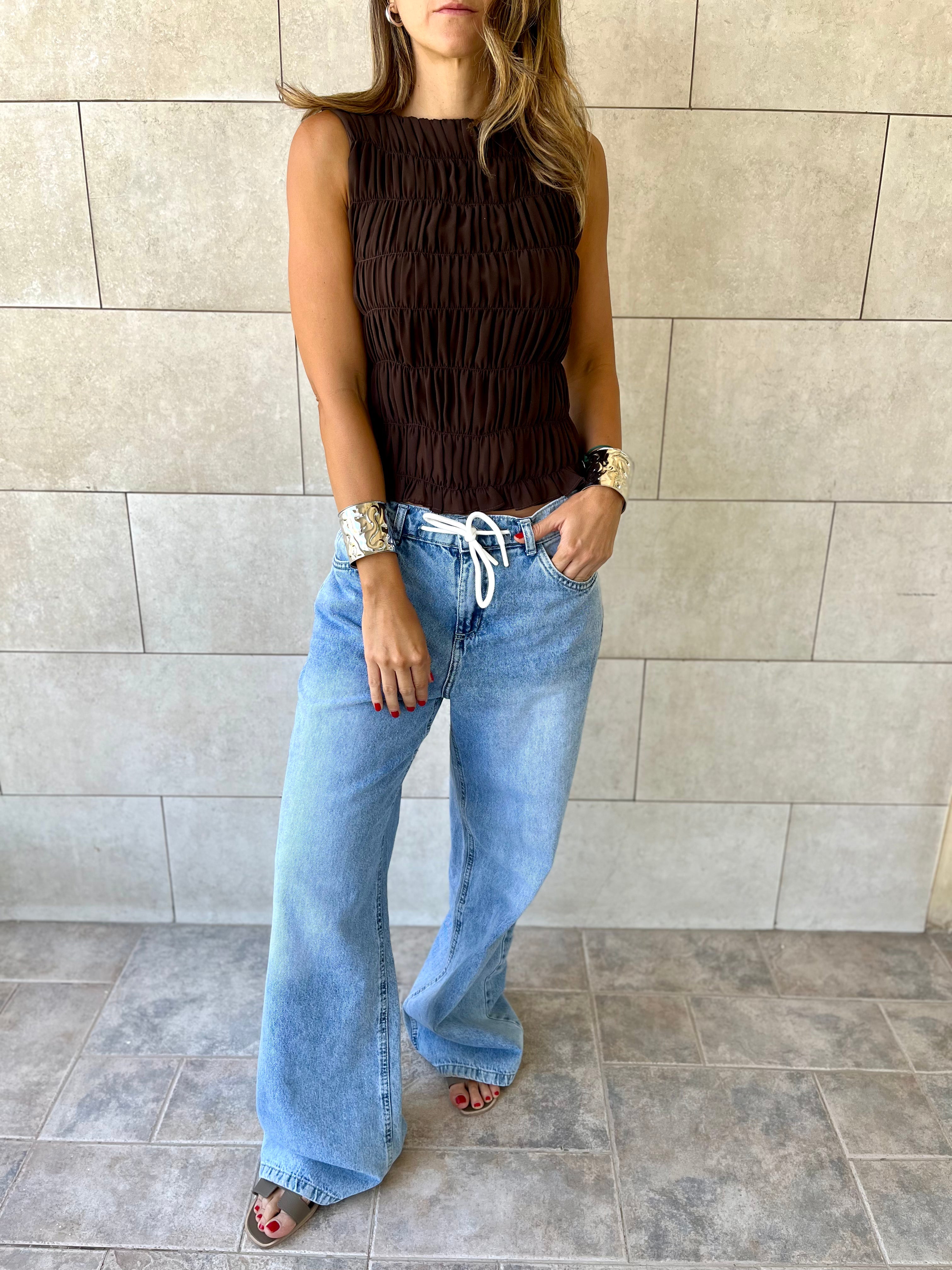 Chocolate Brown Sleeveless Crinkle Top