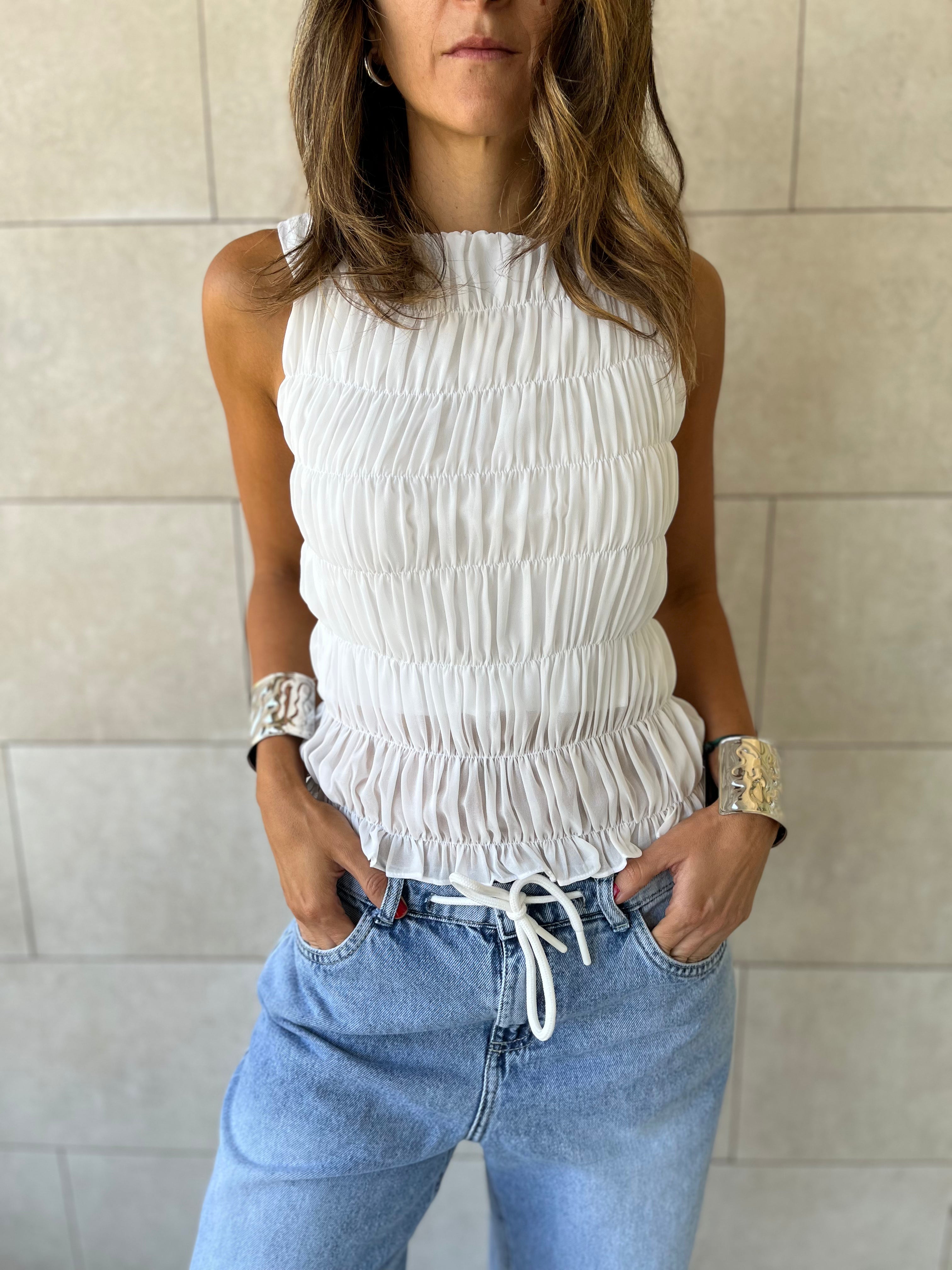 White Sleeveless Crinkle Top
