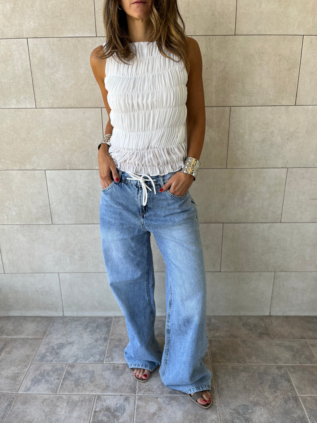 White Sleeveless Crinkle Top