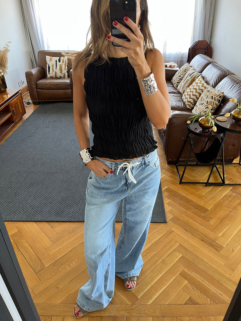 Black Sleeveless Crinkle Top