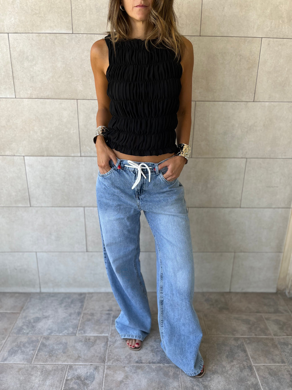 Black Sleeveless Crinkle Top