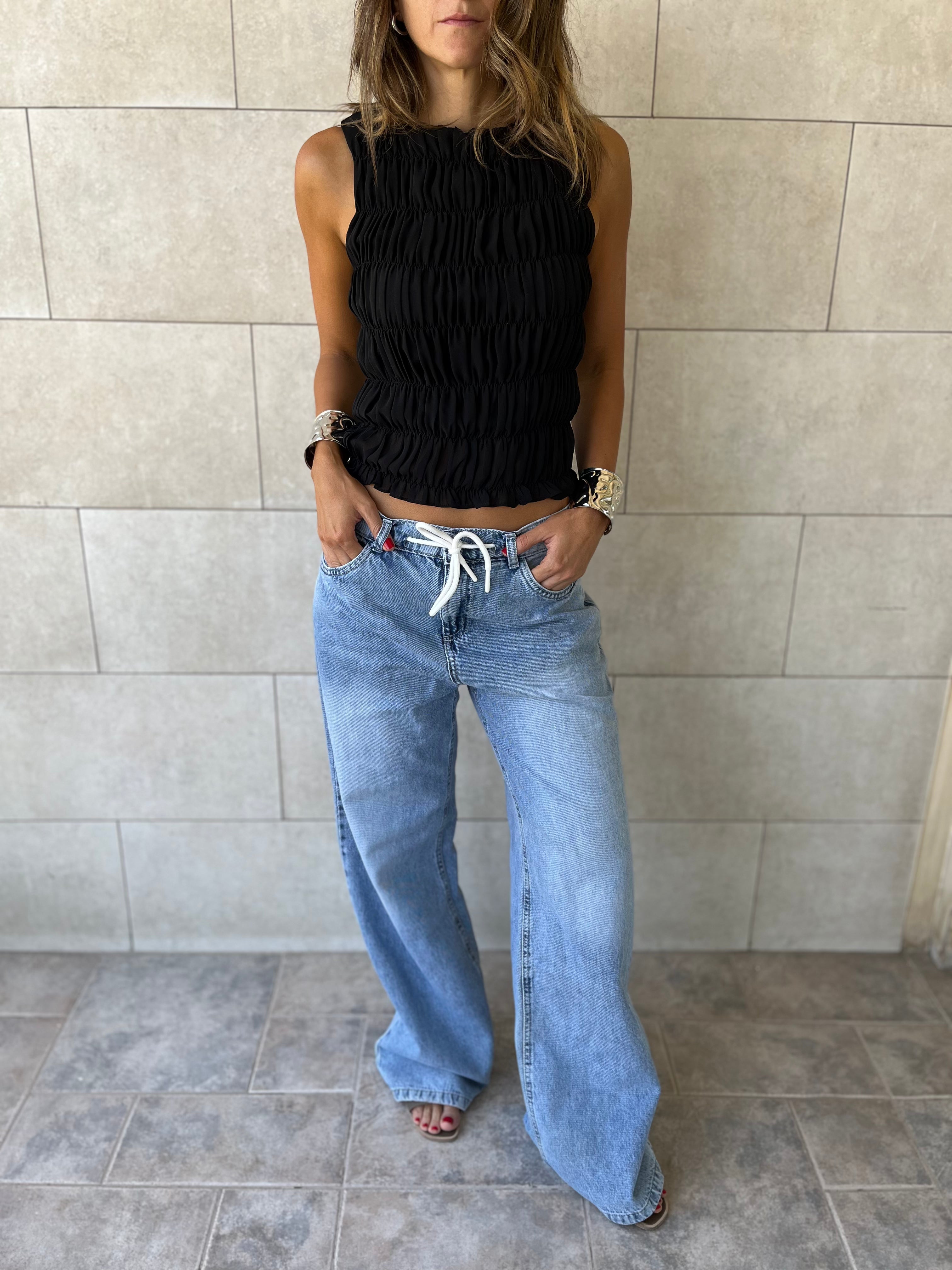 Black Sleeveless Crinkle Top