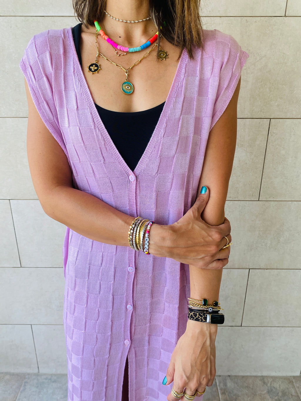 Lilac Checkered Sleeveless Coverup