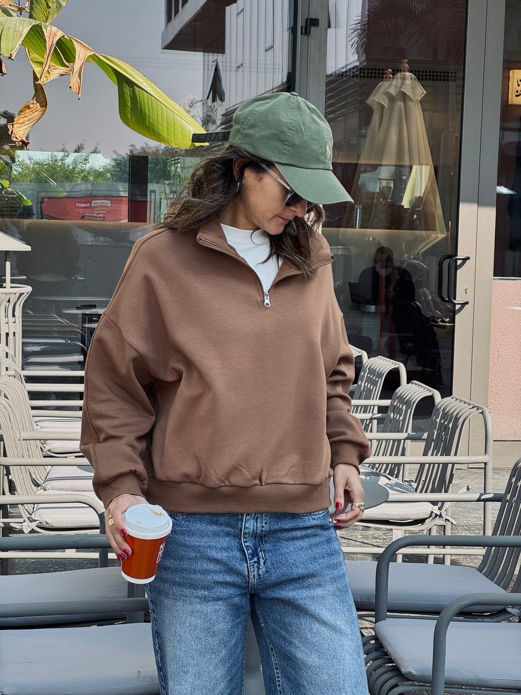 Camel Fleece Lined Quarter Zip Up Sweatshirt