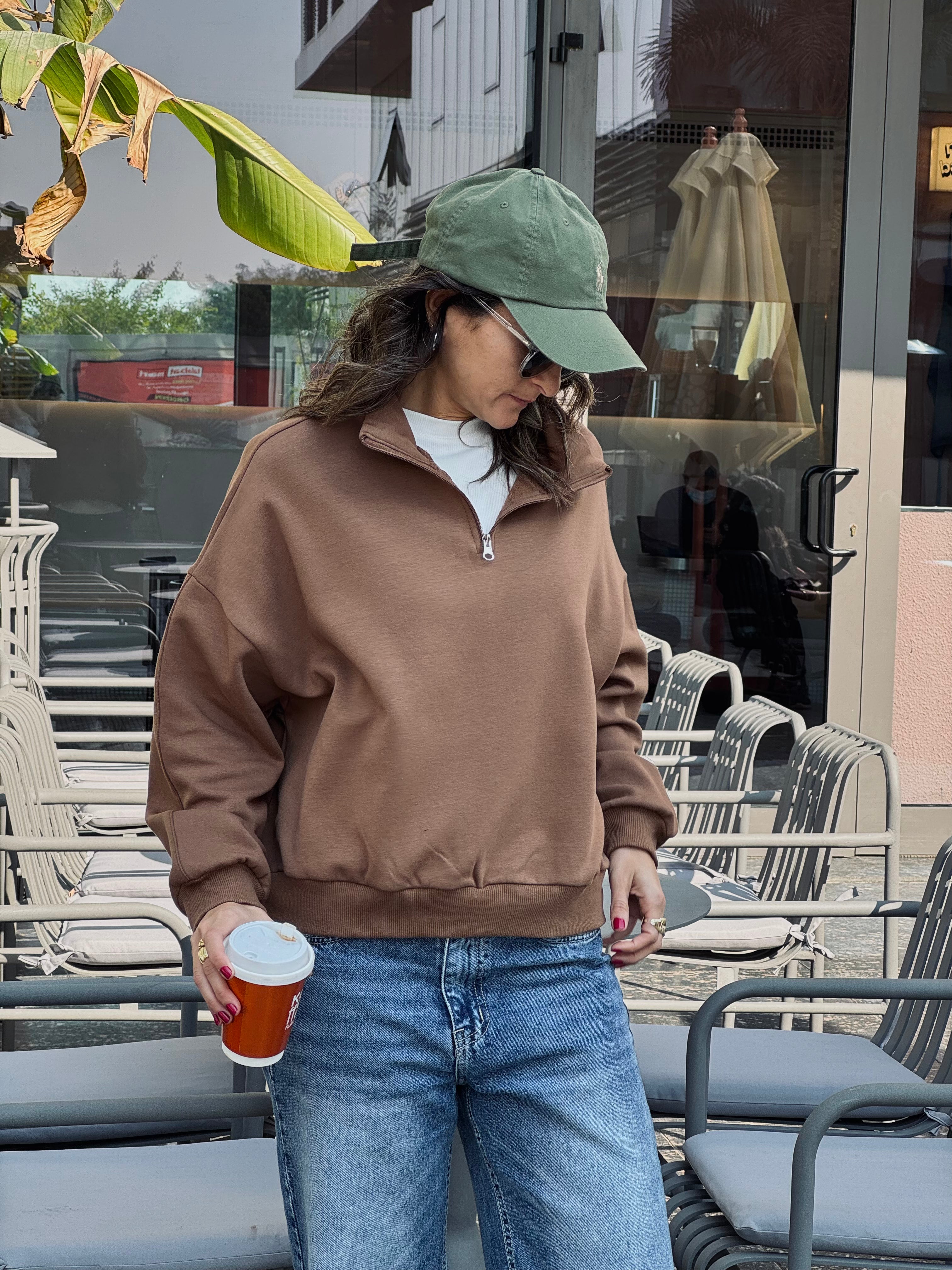 Camel Fleece Lined Quarter Zip Up Sweatshirt