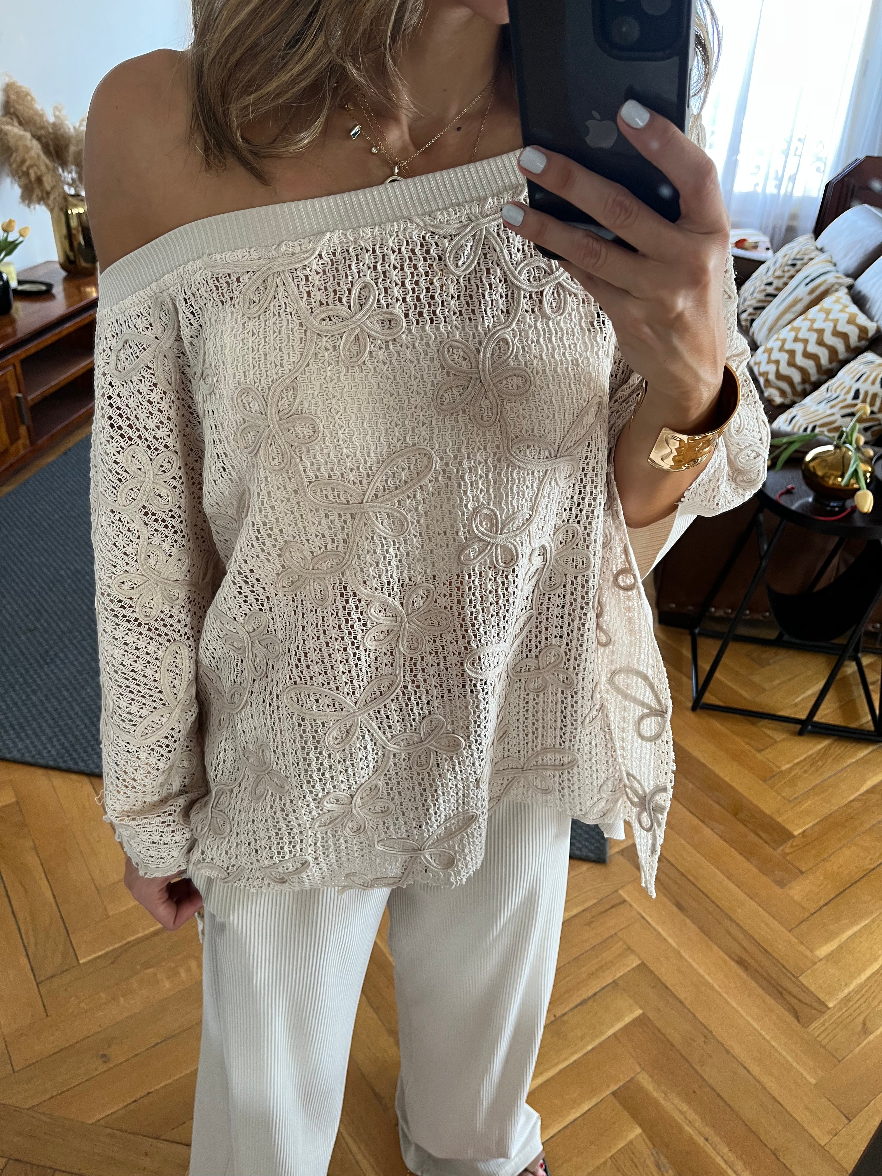 Beige Whisper Lace Asymmetrical Poncho